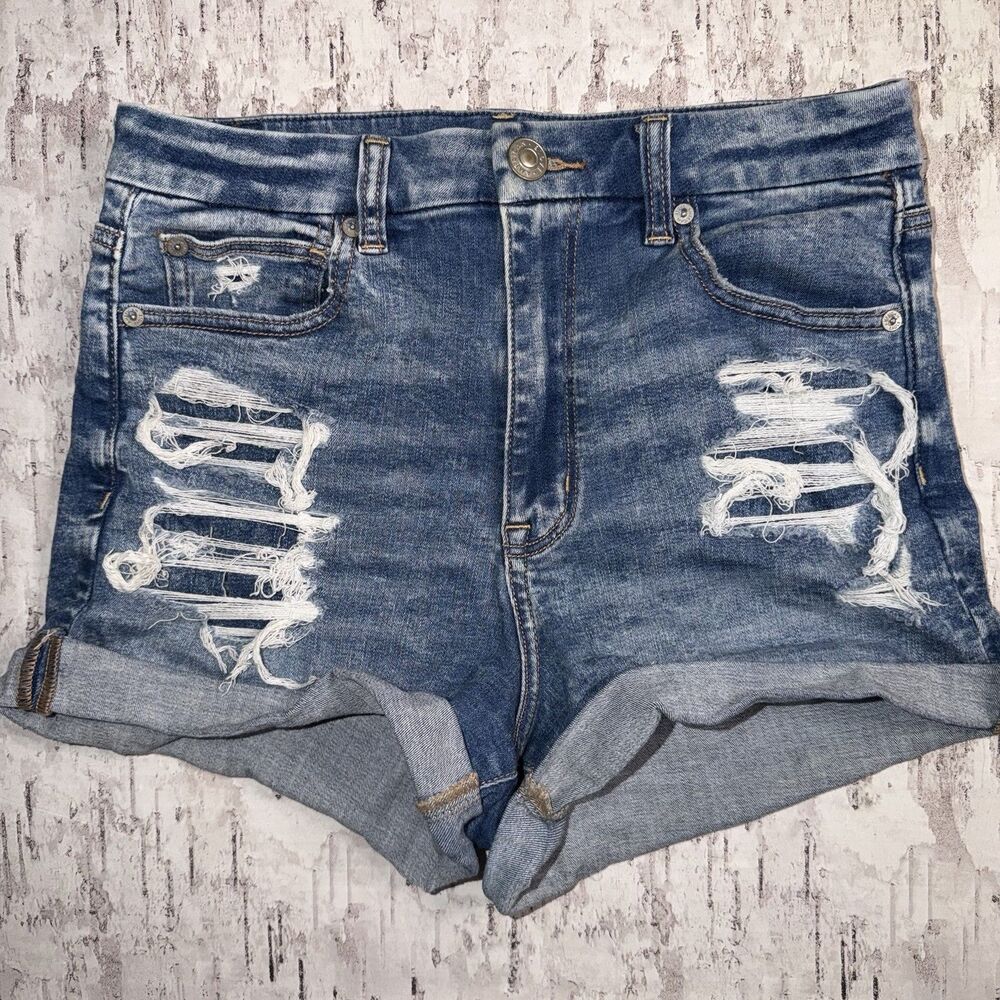 American Eagle Curvy Hi-Rise Shortie Next Level Stretch Distressed Med Wash Sz 6